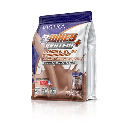 VISTRA 3 Whey Protein + Vitamin E, B1, B2 & Niacinamide (Chocolate Flavor)