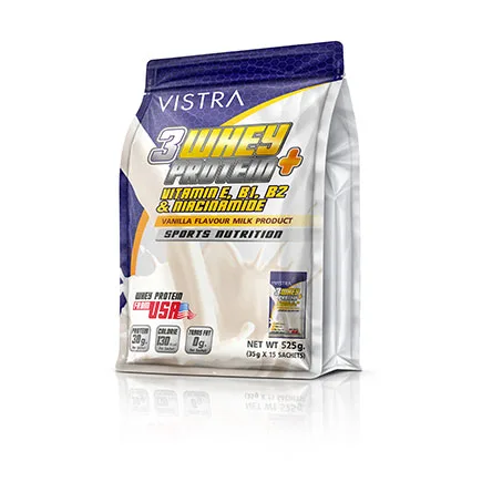 VISTRA 3 Whey Protein + Vitamin E, B1, B2 & Niacinamide (Vanilla Flavor)
